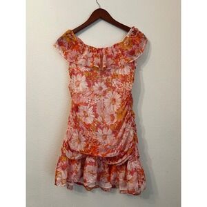 Hello Molly Pink Floral Print Ruffle Mini Dress Women's Size L‎